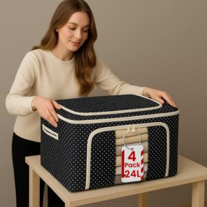 JD FRESH 4 Pcs 24 Liters Foldable Steel Frame Cloth Organizer with Handle for Storage/Wardrobe Organizer with Zipper/Front & Top Open Almirah